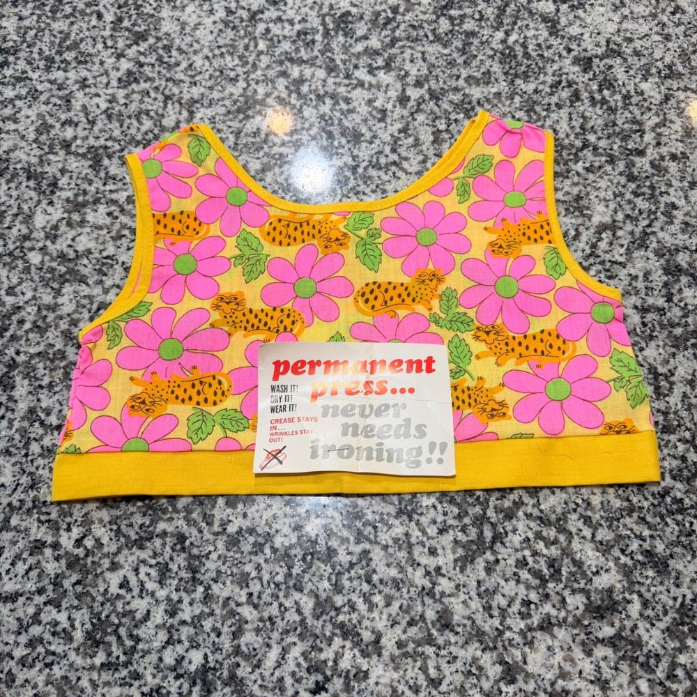 VTG Leopard Floral Crop Top Girls 5 Yellow Pink Psychedelic 90s XXS Women's